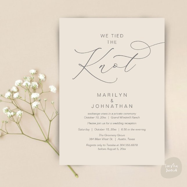 We tied the knot, Elopement Reception Dinner Invitation (We tied the knot, Romantic Wedding Elopement Reception Dinner Invitation Card in Cream Grey)