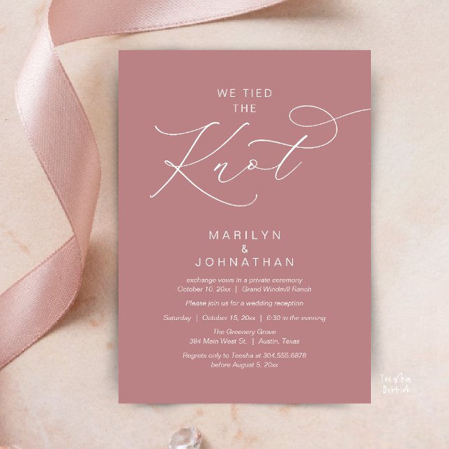 We tied the knot, Elopement Reception Dinner Invitation (We tied the knot, Romantic Wedding Elopement Reception Dinner Invitation Card in Dusty Rose Pink)