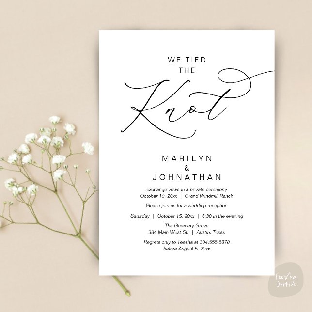 We tied the knot, Elopement Reception Dinner Invitation (We tied the knot, Romantic Wedding Elopement Reception Dinner Invitation Card in Black and White)