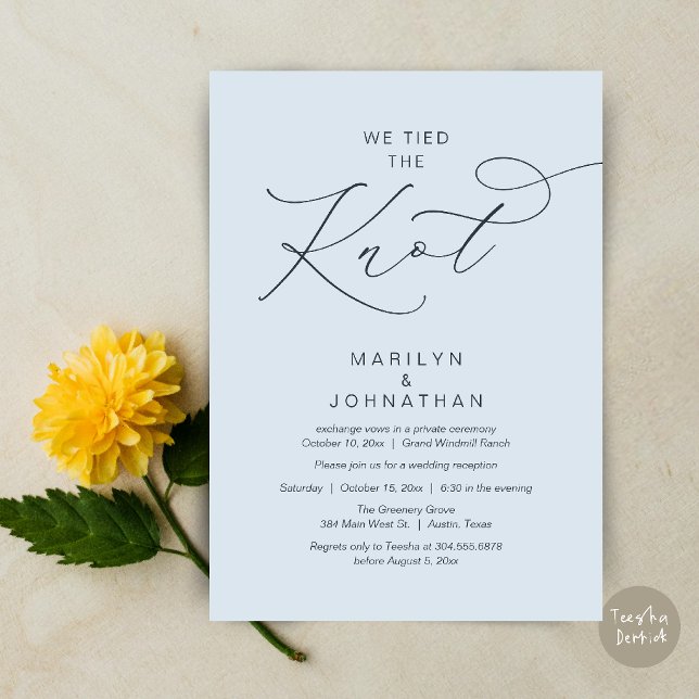 We tied the knot, Elopement Reception Dinner Invitation (We tied the knot, Romantic Wedding Elopement Reception Dinner Invitation Card in Misty Blue)