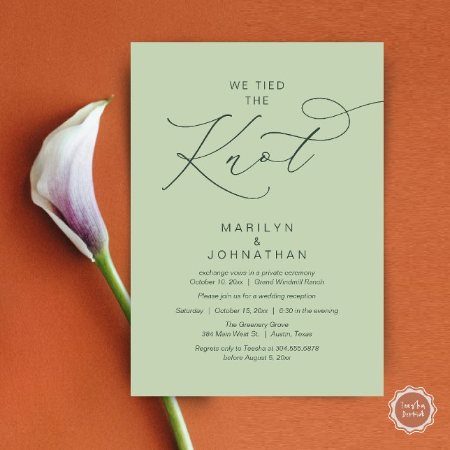 We tied the knot, Elopement Reception Dinner Invitation (We tied the knot, Romantic Wedding Elopement Reception Dinner Invitation Card in Eucalyptus Sage)