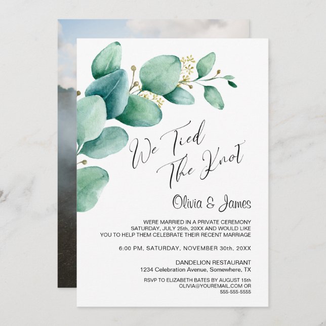 We Tied the Knot Eucalyptus Leaves Photo Reception Invitation (Front/Back)