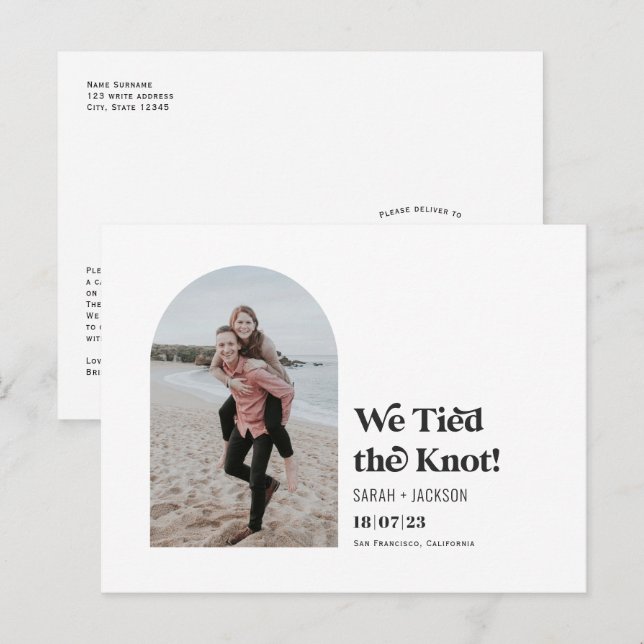 We tied the knot, Modern Arch Photo elopement Announcement Postcard (Front/Back)