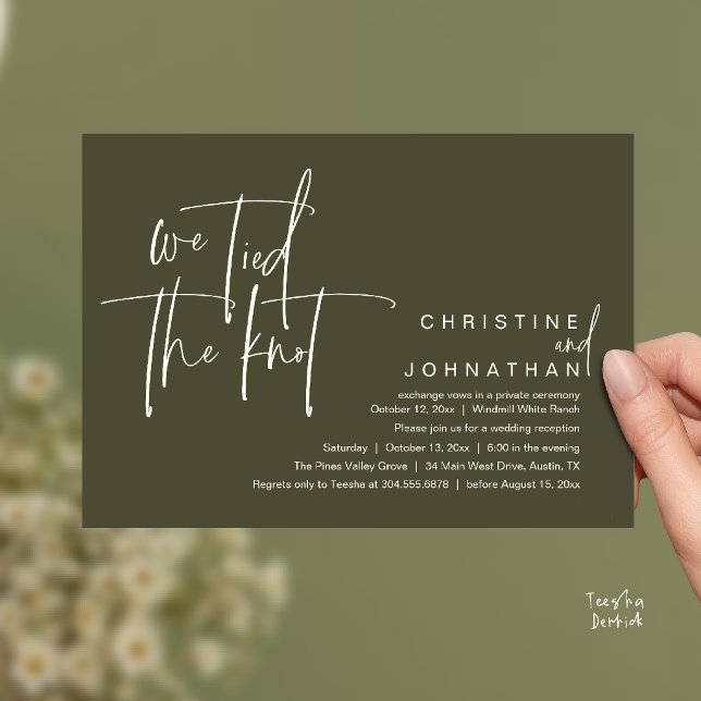 We tied the knot, Modern wedding reception Invitation (We tied the knot, Modern wedding reception dinner party Invitation card in olive green)