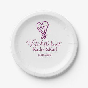 We tied the knot pink heart knots name date romant paper plate