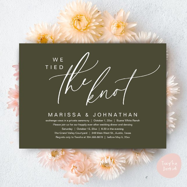 We Tied The Knot Romantic Wedding Elopement Dinner Invitation (We tied the knot, Romantic Wedding Dinner Lunch Brunch Party Reception Invites Card PDF Olive Green)