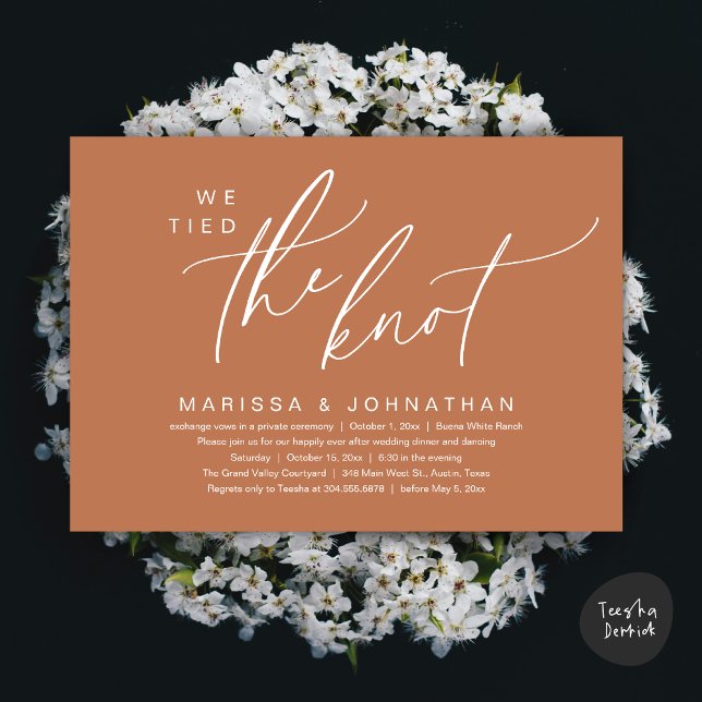 We Tied The Knot Romantic Wedding Elopement Dinner Invitation (We Tied The Knot Romantic Wedding Elopement Dinner Brunch Lunch Party Invites Card PDF Copper Brown)