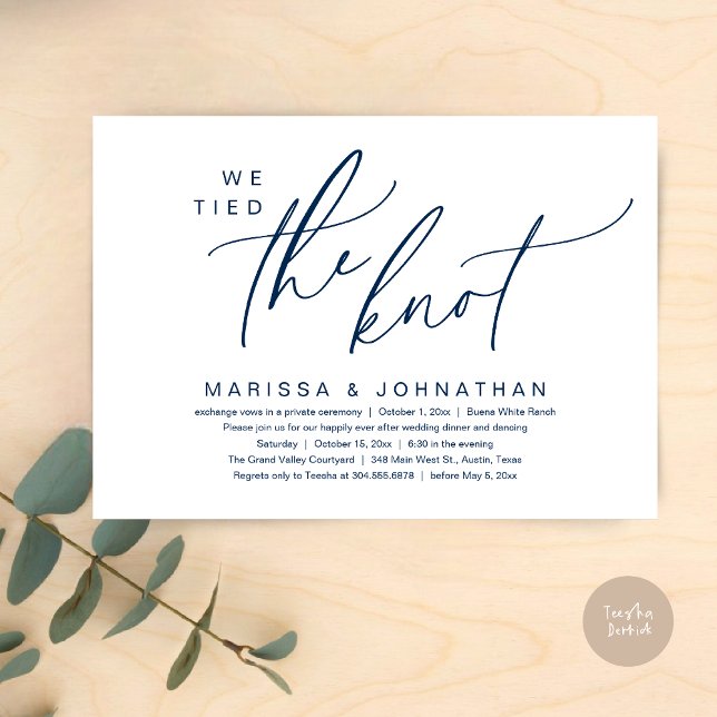 We Tied The Knot Romantic Wedding Elopement Dinner Invitation (We tied the knot, Romantic Wedding Dinner Lunch Brunch Party Reception Invites Card PDF Navy Blue)