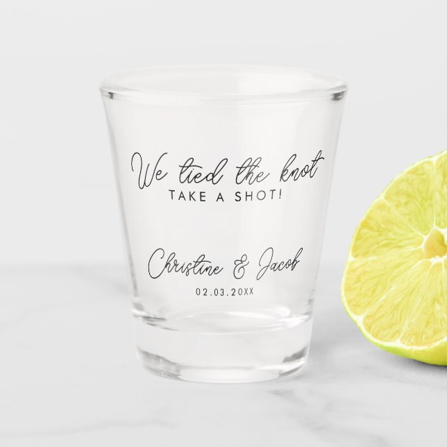 we tied the knot take a shot drink wedding favour glass (Front)