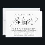 We Tied The Knot, Wedding Elopement Dinner Party Invitation<br><div class="desc">Mark the beginning of your forever with elegance using our contemporary black and white themed wedding elopement celebration invitation card, "We tied the knot". Perfect for couples extending their joyous occasion, this invitation exudes sophistication with a hint of playfulness, setting the stage for a memorable event. Adorned with a timeless...</div>