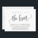 We Tied The Knot, Wedding Elopement Dinner Party Invitation<br><div class="desc">Mark the beginning of your forever with elegance using our contemporary black and white themed wedding elopement celebration invitation card, "We tied the knot". Perfect for couples extending their joyous occasion, this invitation exudes sophistication with a hint of playfulness, setting the stage for a memorable event. Adorned with a timeless...</div>