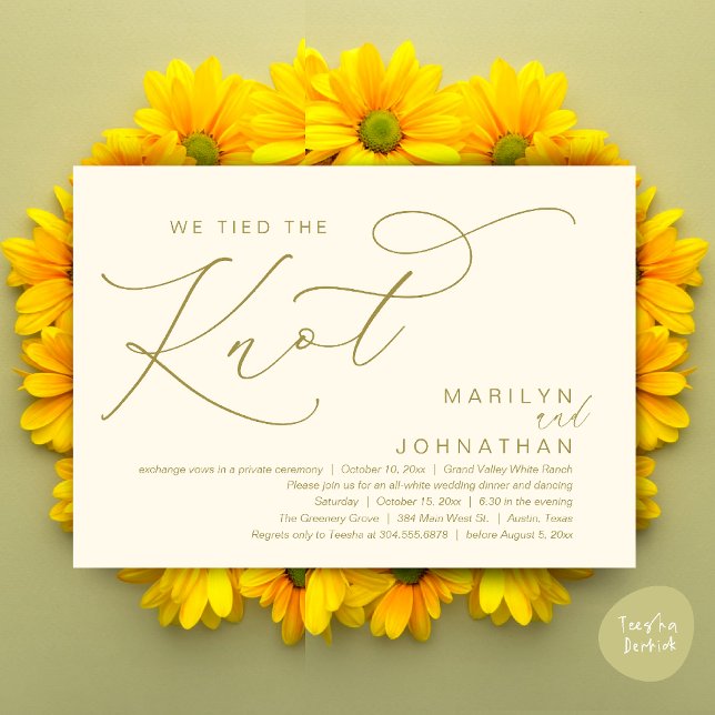 We Tied The Knot, Wedding Elopement Dinner Party Invitation (We tied the knot, Wedding Elopement Dinner Romantic Modern Party Invitation Card PDF Yellow Gold)