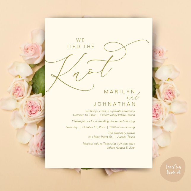 We tied the knot, Wedding Elopement Dinner Party Invitation (We tied the knot, Wedding Elopement Dinner Romantic Modern Party Invitation Card PDF Yellow Gold)