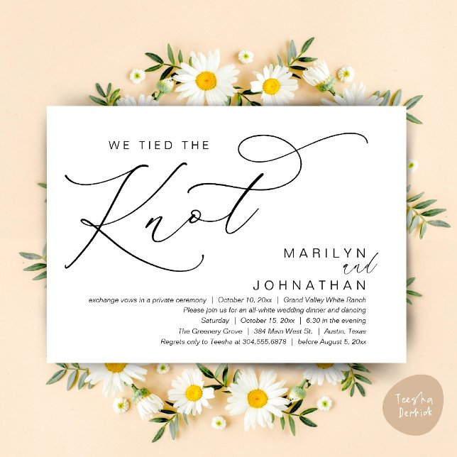 We Tied The Knot, Wedding Elopement Dinner Party Invitation (We tied the knot, Wedding Elopement Dinner Romantic Modern Party Invitation Card PDF White Black)