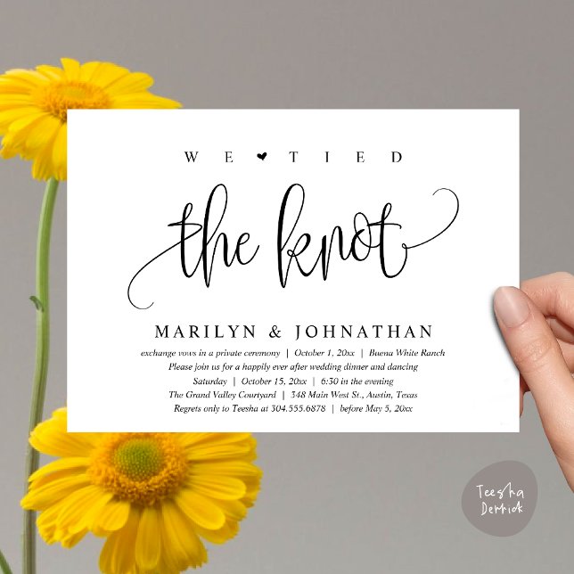 We Tied The Knot, Wedding Elopement Dinner Party Invitation (We Tied The Knot, Modern Wedding Elopement Dinner Party Invitation Card PDF Classy Black White)