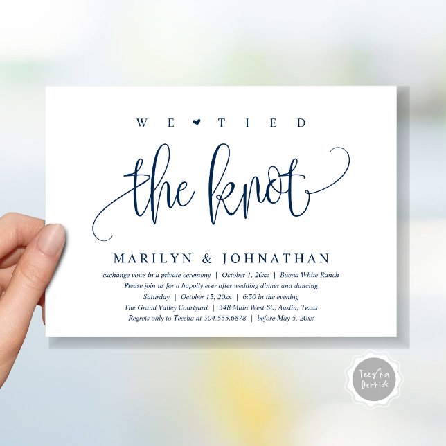 We Tied The Knot, Wedding Elopement Dinner Party Invitation (We Tied The Knot, Modern Wedding Elopement Dinner Party Invitation Card PDF Classy Navy Blue)