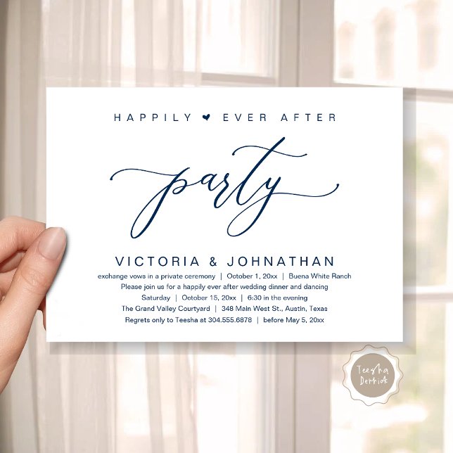 We Tied The Knot, Wedding Elopement Dinner Party Invitation (Happily Ever After Party Wedding Elopement Dinner Invitation Card PDF Classy Navy Blue)