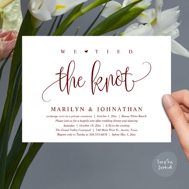 We Tied The Knot, Wedding Elopement Dinner Party Invitation (We Tied The Knot, Modern Wedding Elopement Dinner Party Invitation Card PDF Classy Burgundy Wine Red)