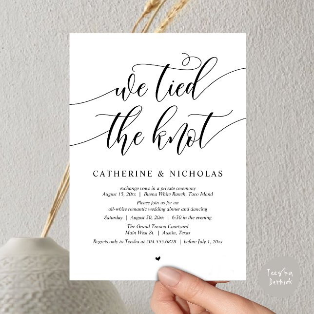 We tied the knot, Wedding Elopement Dinner Party Invitation (We tied the knot, Modern Wedding Elopement Dinner Party Wine Invitation Card PDF White Black)