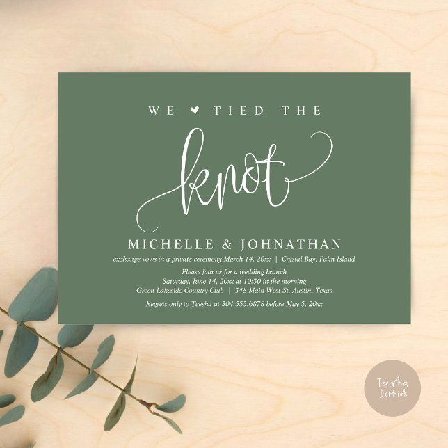 We Tied The Knot, Wedding Elopement Party  Invitat Invitation (We tied the knot, modern wedding elopement dinner party invitation card, PDF, in sage green)