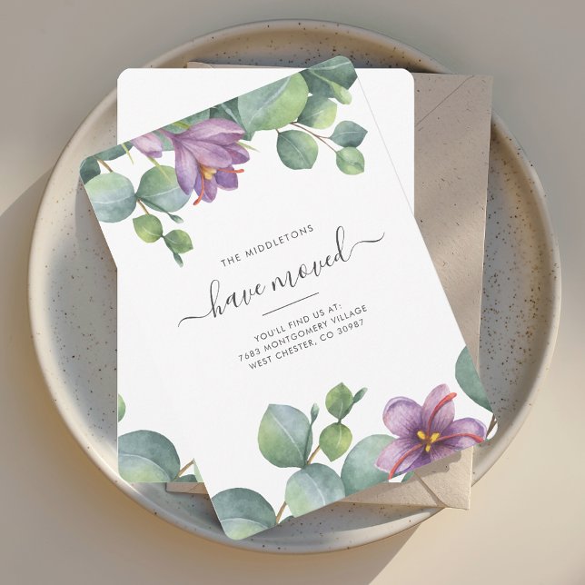  We’ve Moved Eucalyptus Greenery Botanical Moving Announcement (Botanical Eucalyptus Sage Green and Purple Script Moving Announcement)