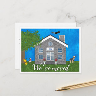 We’ve Moved Grey Brick House Drawing Announcement Postcard