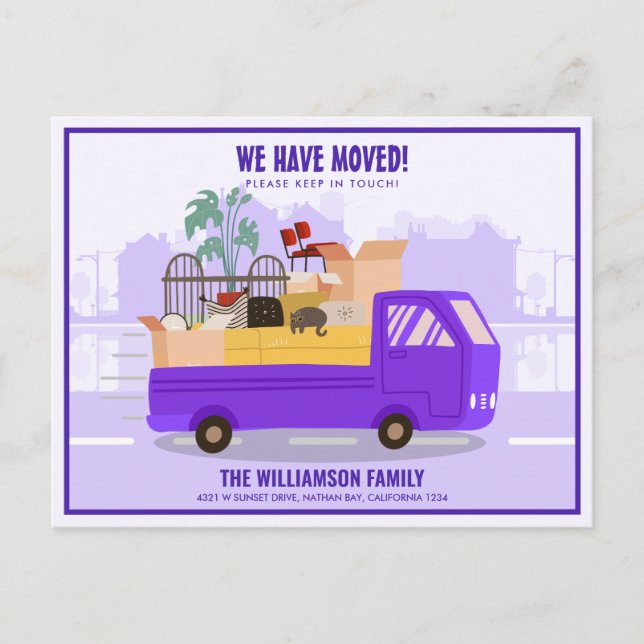 We’ve Moved Purple Truck On The Road Moving Announcement Postcard (Front)