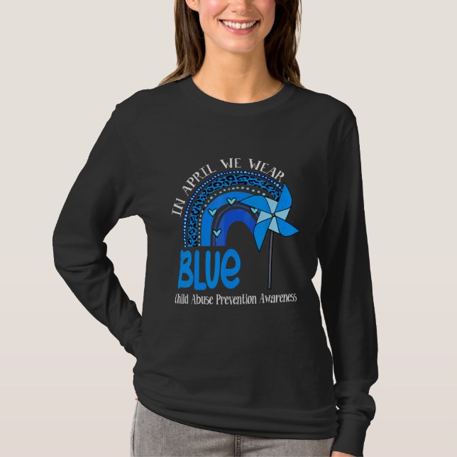 We Wear Blue Child Abuse Prevention Leopard Rainbo T-Shirt (Front)