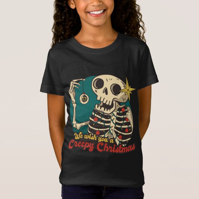 We Wish You A Creepy Christmas Pajama Funny Skelet T-Shirt (Front)