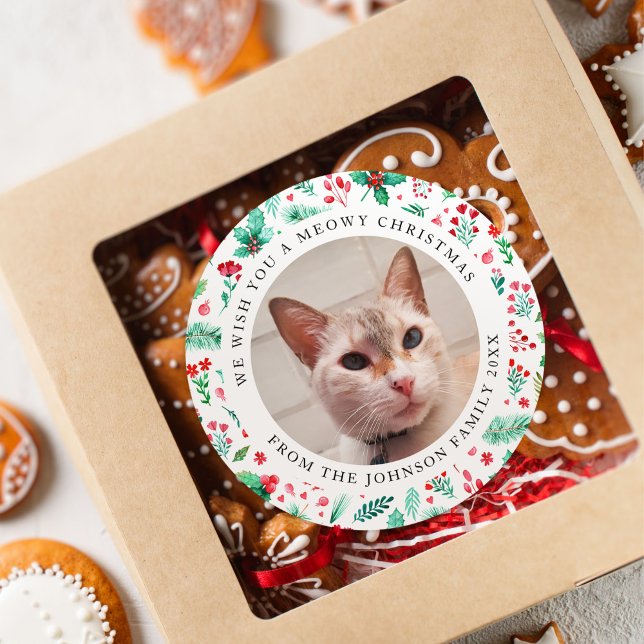We Wish You a Meowy Christmas Cat Photo Classic Round Sticker (We Wish You a Meowy Christmas Cat Photo Classic Round Sticker)