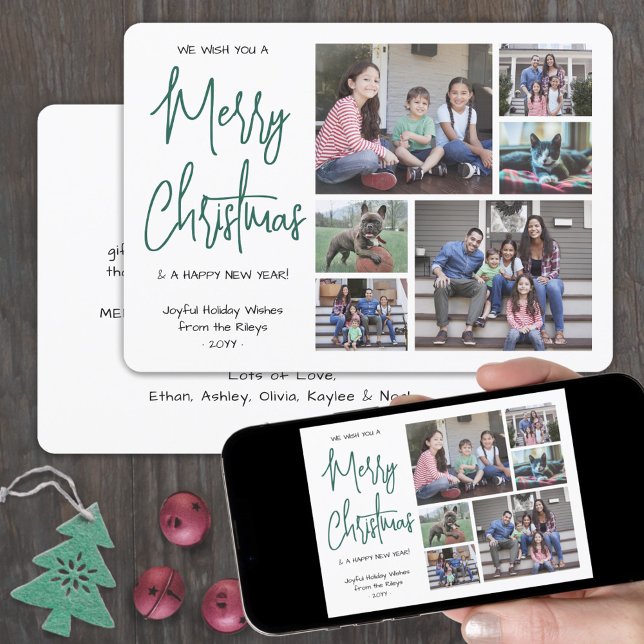 We Wish You a Merry Christmas 6 Photo Green Script Holiday Card (Creator Uploaded)