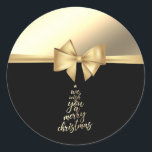 We Wish You A Merry Christmas,Faux Gold Bow Classic Round Sticker<br><div class="desc">Elegant Christmas tree, we wish you a merry Christmas background.</div>
