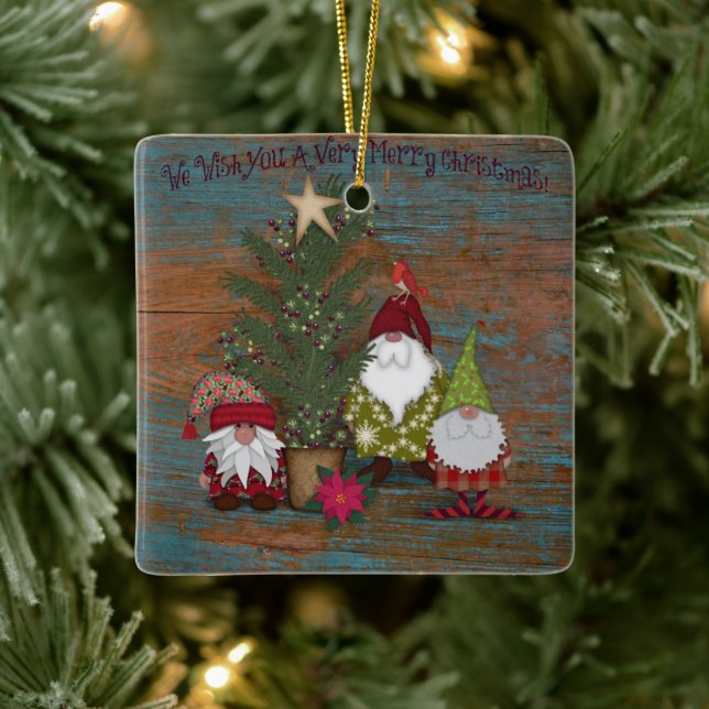 We Wish You A Merry Christmas | Gnomes | Folk Art Ceramic Ornament (Tree)
