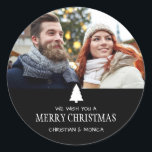 We Wish You a Merry Christmas Pine Tree Photo Classic Round Sticker<br><div class="desc">Christmas photo stickers in a simple and modern black and white pine tree design featuring your favourite photo. These holiday stickers are great for gifts or to use as an envelope seal sticker for your Christmas cards. Customise these photo Christmas stickers with your photo, message and names. Visit our store...</div>