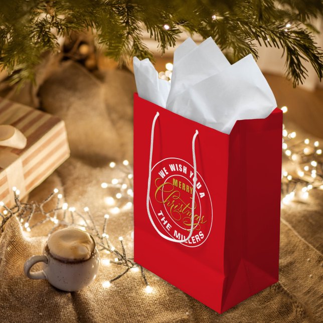 We Wish You a Merry Christmas Red Custom Name Medium Gift Bag (Creator Uploaded)