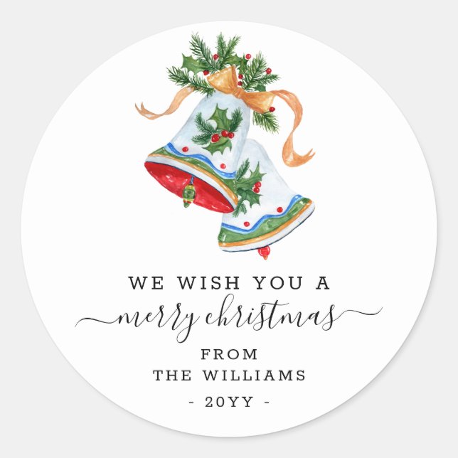 We Wish You a Merry Christmas Script Bells Custom Classic Round Sticker (Front)