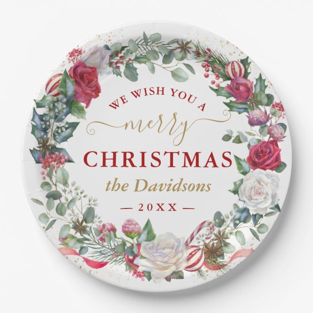 We Wish You A Merry Christmas Wreath Monogram  Fav Paper Plate (Front)