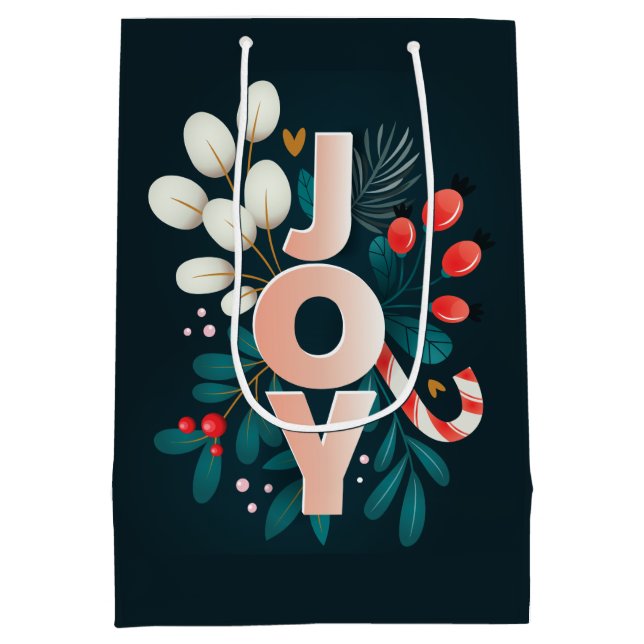 We Wish You JOY, Christmas Candy Cane & Foliage Medium Gift Bag (Back)