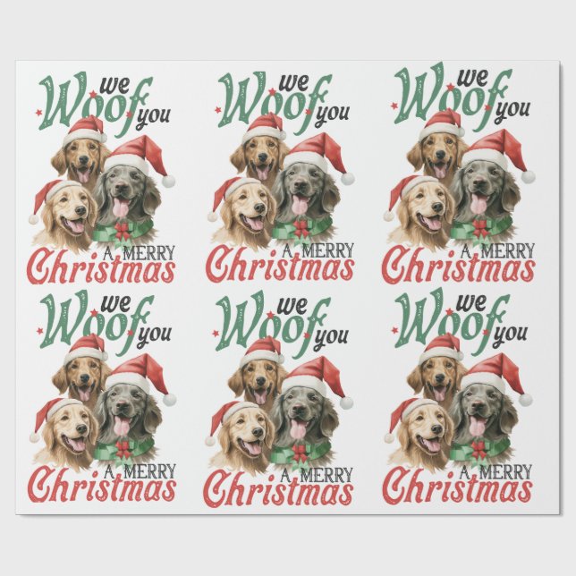 We Woof You A Merry Christmas-Dogs With Santa Hats Wrapping Paper (Flat)