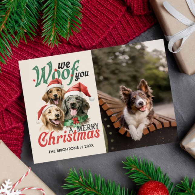 WE WOOF YOU MERRY CHRISTMAS DOG PET FURRY  HOLIDAY CARD (DIGITAL DOG THEMED CHRISTMAS CARD WITH VINTAGE THREE GOLDEN RETRIEVER DOG AND SPACE FOR YOU PHOTO)