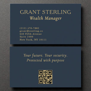 Wealth Manager Minimalist Navy Blue Gold QR Code  Business Card