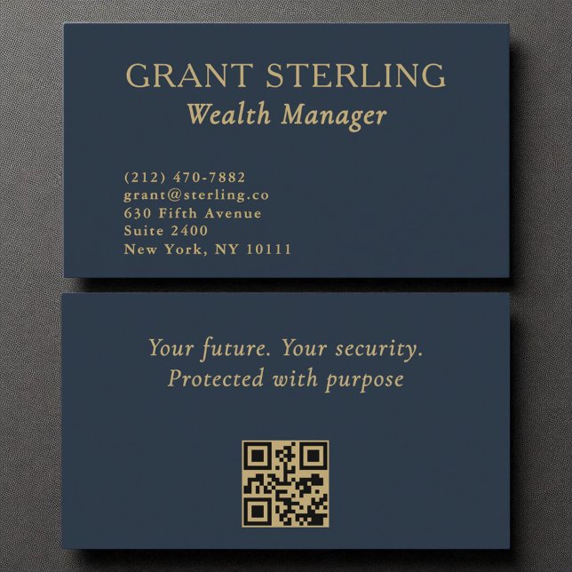 Wealth Manager Minimalist Navy Blue Gold QR Code  Business Card (Creator Uploaded)