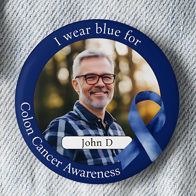 Wear Blue for Colourectal Cancer Awareness Photo 6 Cm Round Badge (I wear blue for Colon Cancer Awareness.  Blue awareness ribbon photo pinback button.)