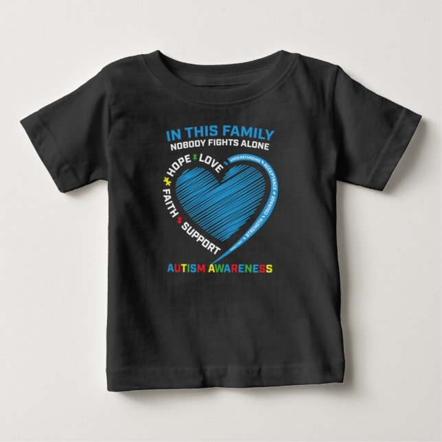 Wear Blue Heart Puzzle Piece Family Fight Autism Baby T-Shirt (Front)