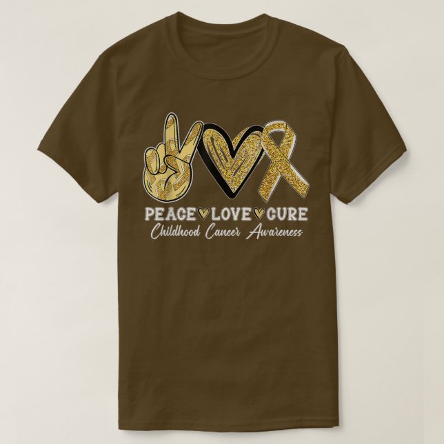 Wear Gold Ribbon Peace Love Cure Childhood Cancer  T-Shirt (Design Front)