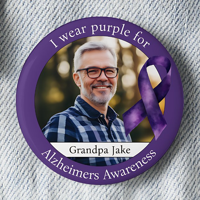Wear Purple for Alzheimers Awareness Photo 6 Cm Round Badge (I wear purple for Alzheimers Awareness purple ribbon photo pinback button.)