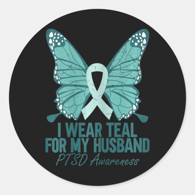 Wear Teal For My Husband Ptsd Awareness Teal Ribbo Classic Round Sticker (Front)