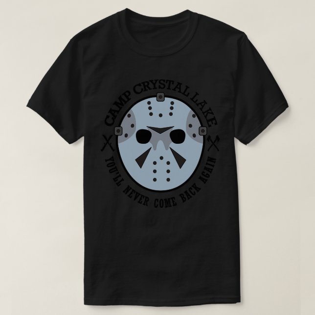 Wearing the infamous hockey mask at Camp Crystal L T-Shirt (Design Front)