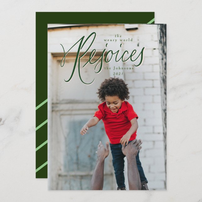 Weary World Rejoices Green Christmas Photo Card (Front/Back)