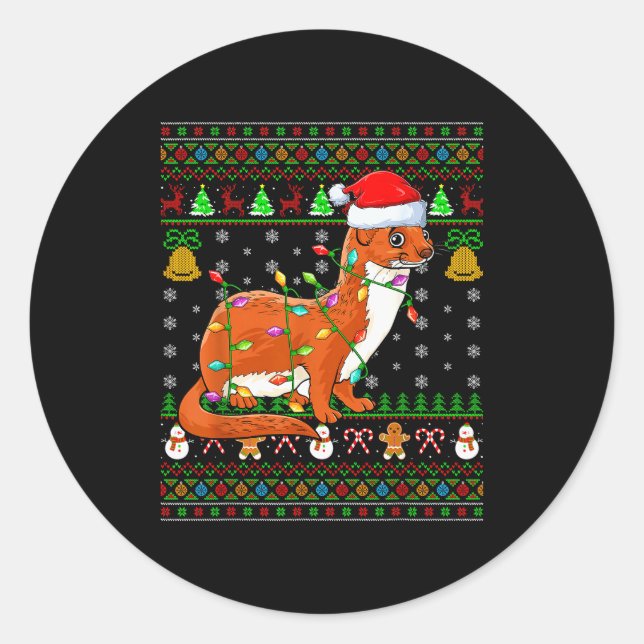 Weasel Christmas Lights Funny Santa Ugly Sweaters  Classic Round Sticker (Front)
